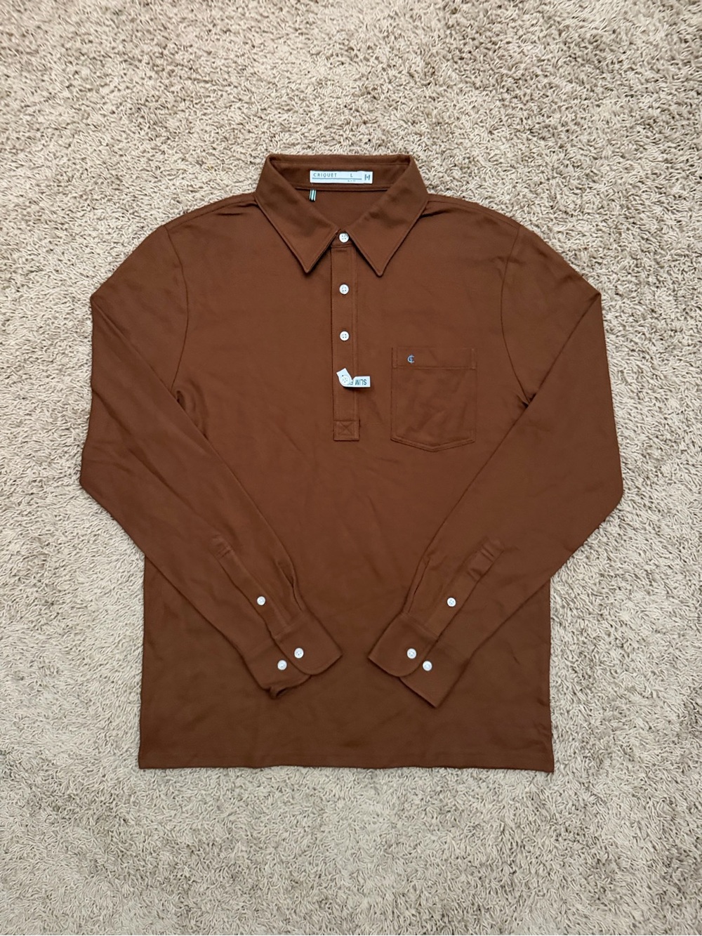 NEW Criquet Pima Cotton Polo Shirt Mens L Longsleeve Slim Logo 4 Button Pocket